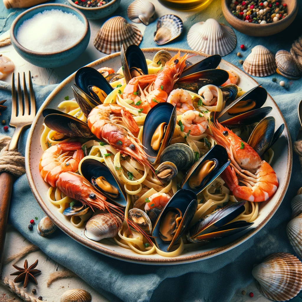 Cosa mangiare a Mazara del Vallo, specialità di Mazara, Pasta allo Scoglio, AI Generated